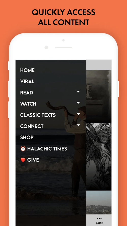 Accidental Talmudist app: The menu makes it quick to reach every kind of content, plus halachic times and giving