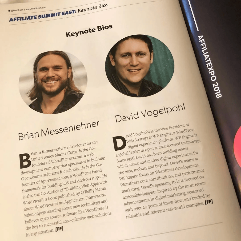 Affiliate Summit East program page with keynote bios for Brian Messenlehner and David Vogelpohl