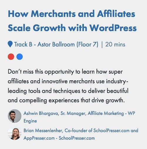 Session card for How Merchants and Affiliates Scale Growth with WordPress