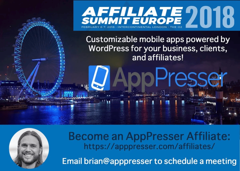 Affiliate Summit Europe 2018 graphic over the London skyline introducing AppPresser