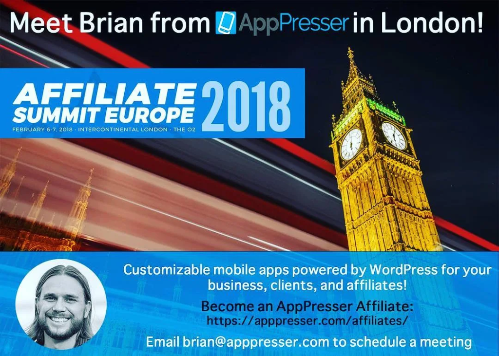 Meet Brian from AppPresser in London promo for Affiliate Summit Europe 2018