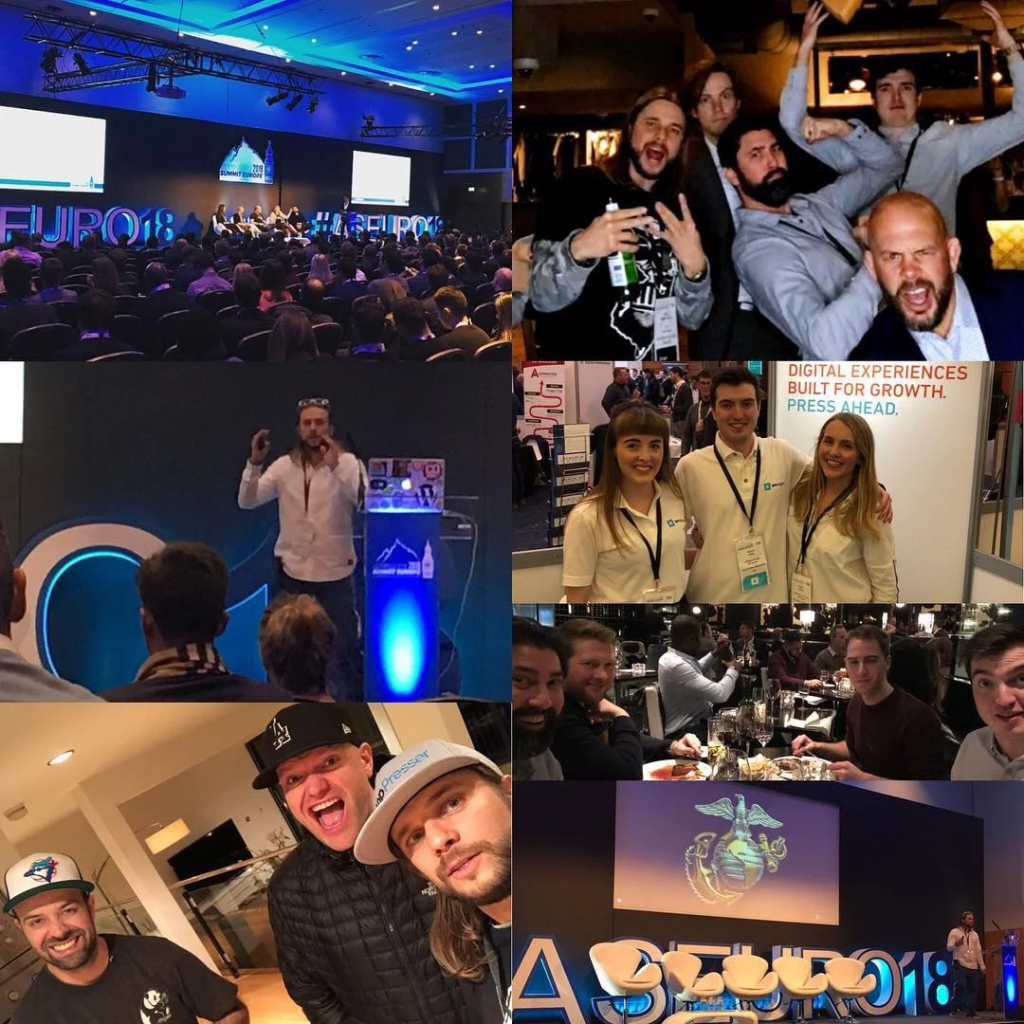 Collage of the Affiliate Summit Europe 2018 stage and speakers