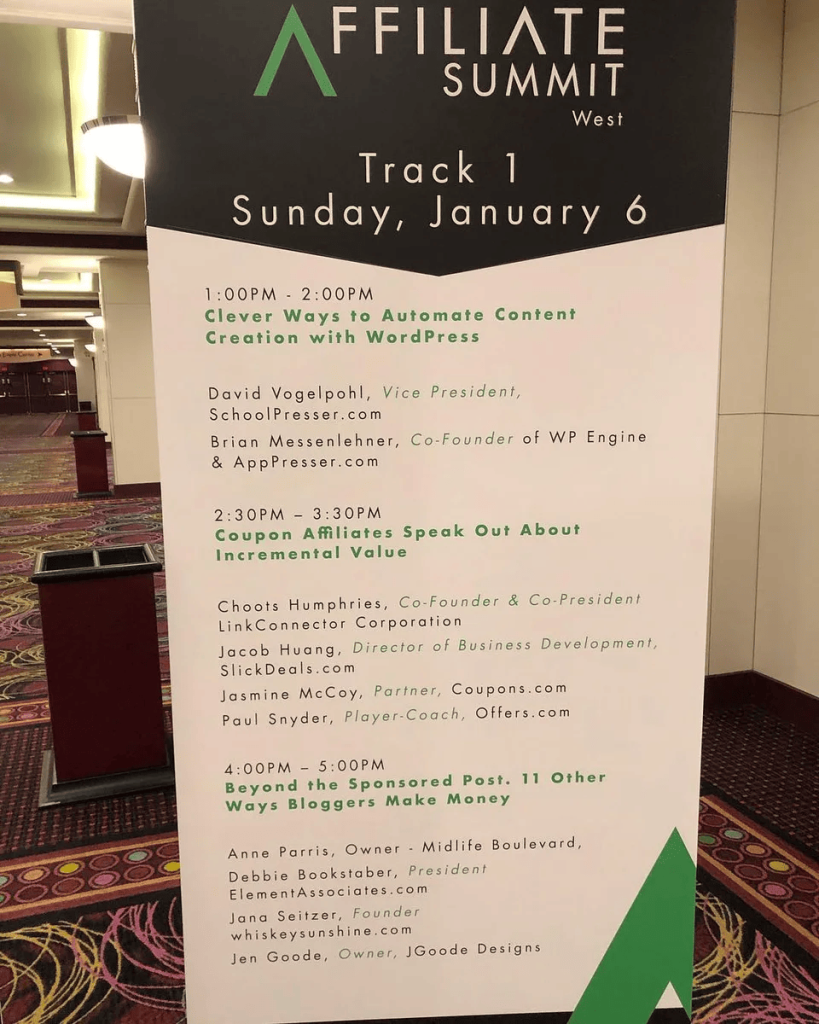 Track 1 schedule sign for Affiliate Summit West 2019