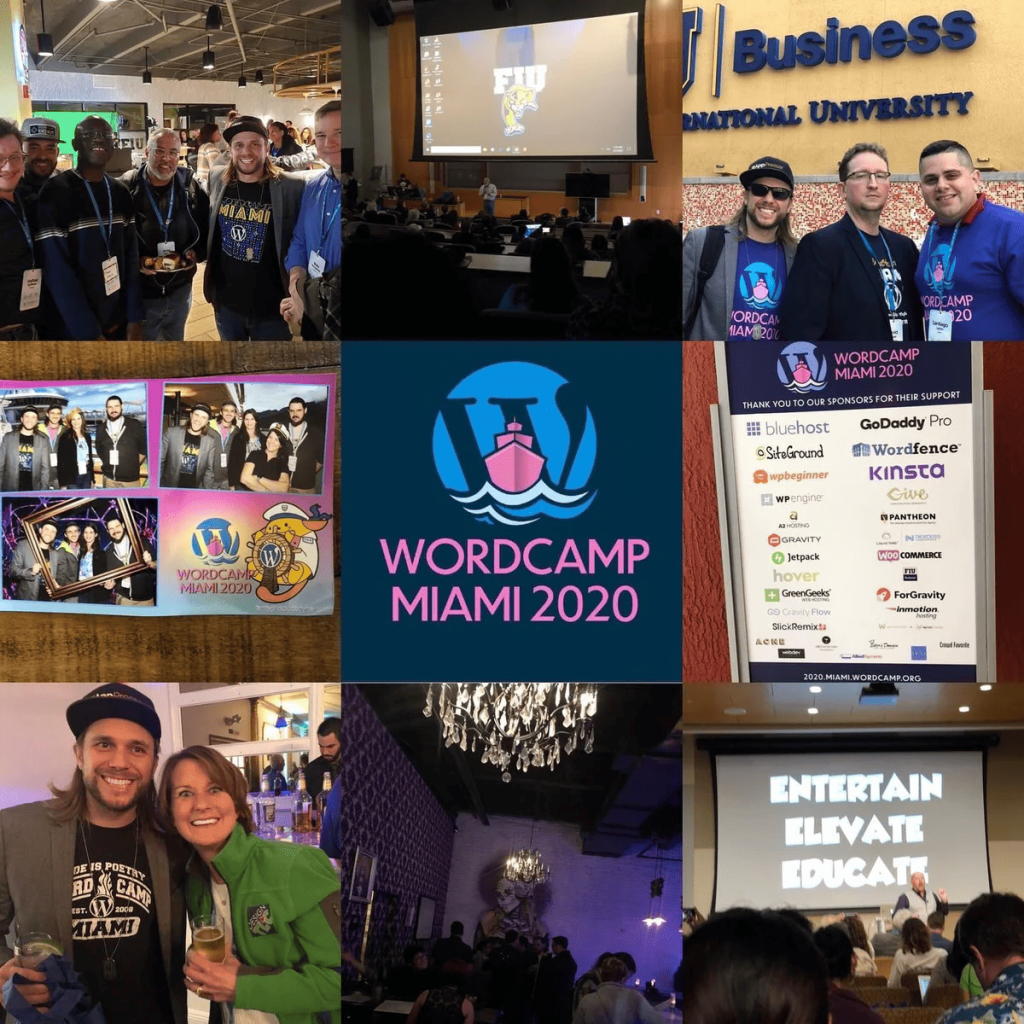 Collage of sponsors and attendees at WordCamp Miami 2020