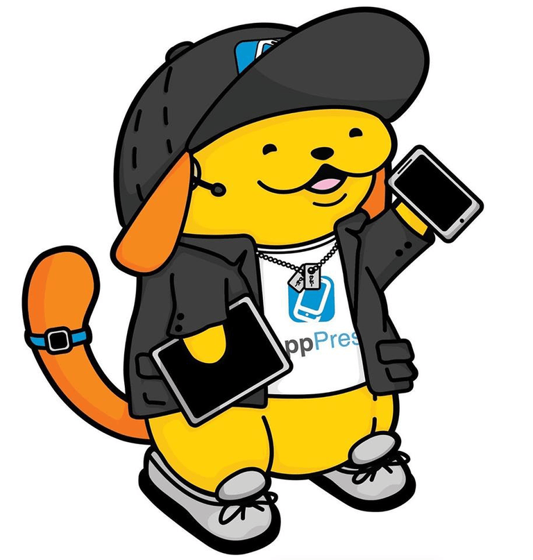 The AppPresser Wapuu WordPress mascot in a cap and jacket holding a phone and tablet showing the WordPress logo