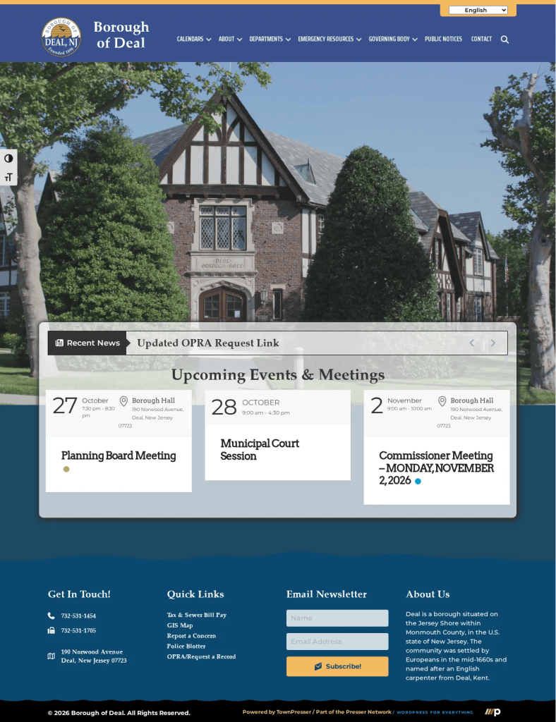 Borough of Deal home page with Borough Hall photo, recent news ticker and upcoming events and meetings