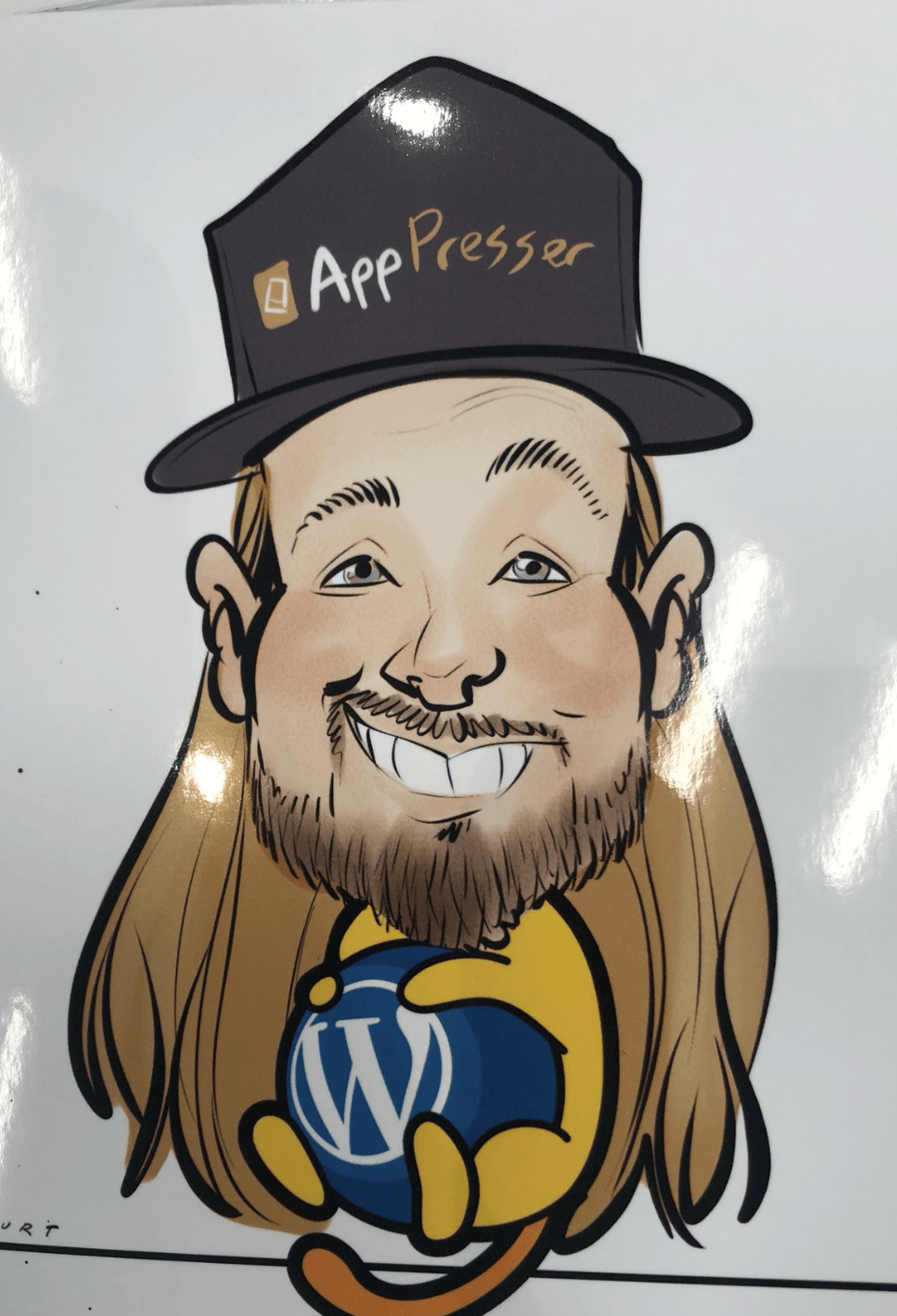 Caricature of Brian Messenlehner in an AppPresser top hat holding a WordPress Wapuu mascot
