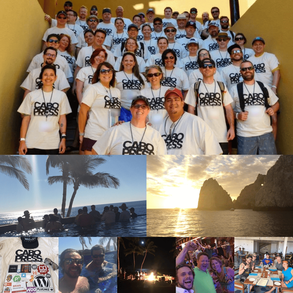 A CaboPress collage with a group photo in CaboPress shirts, a pool, a sunset over the rocks, a WebDevStudios hat with WordPress stickers and Brian Messenlehner's badge, and group selfies