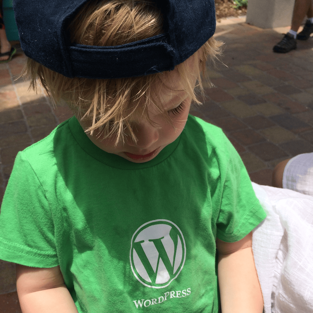 A young child in a backwards cap and a green WordPress T-shirt