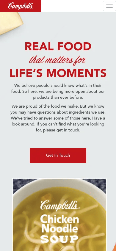 Campbell's What's In My Food? mobile view of whatsinmyfood.com, January 2016