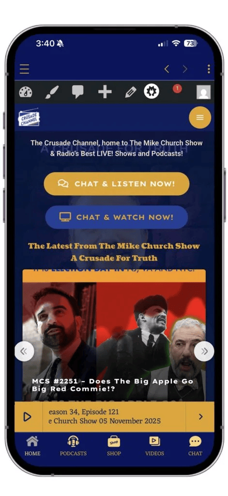 Crusade Channel Podcast app: The home screen puts listening, watching and the live chat one tap away