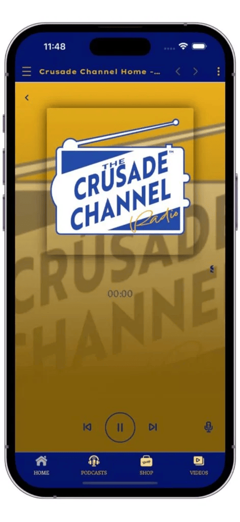 Crusade Channel Podcast app: The live station player streams the network around the clock