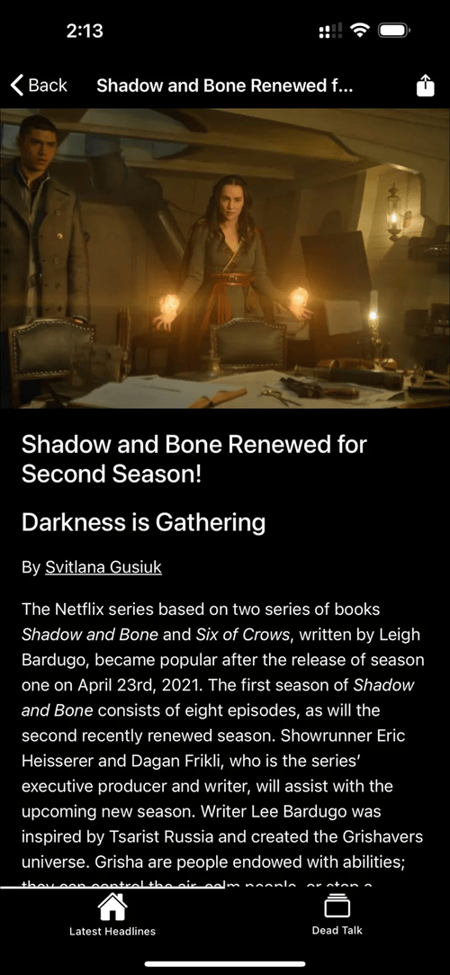 Dead Talk News app article view