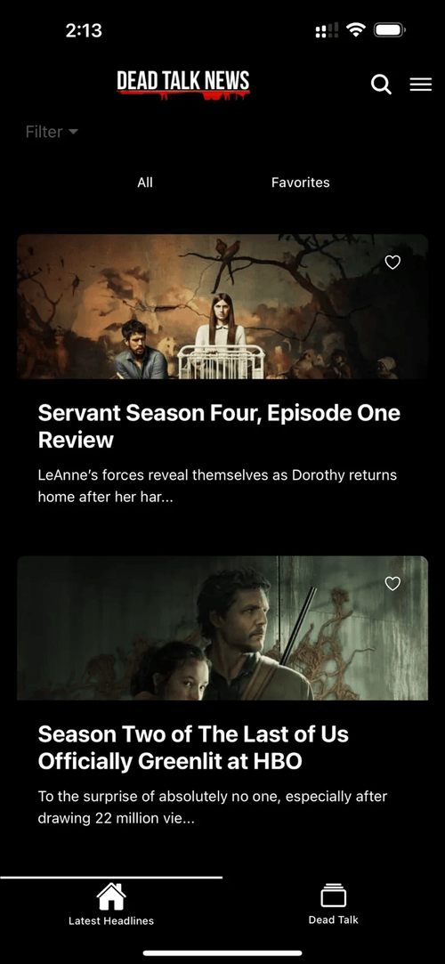 Dead Talk News app latest headlines with All and Favorites tabs