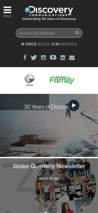 Discovery Communications mobile view of corporate.discovery.com, April 2016