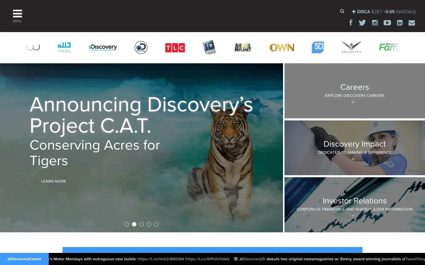 Discovery Communications desktop view of corporate.discovery.com, March 2017