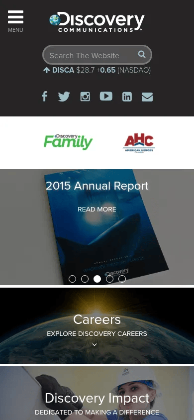 Discovery Communications mobile view of corporate.discovery.com, March 2017