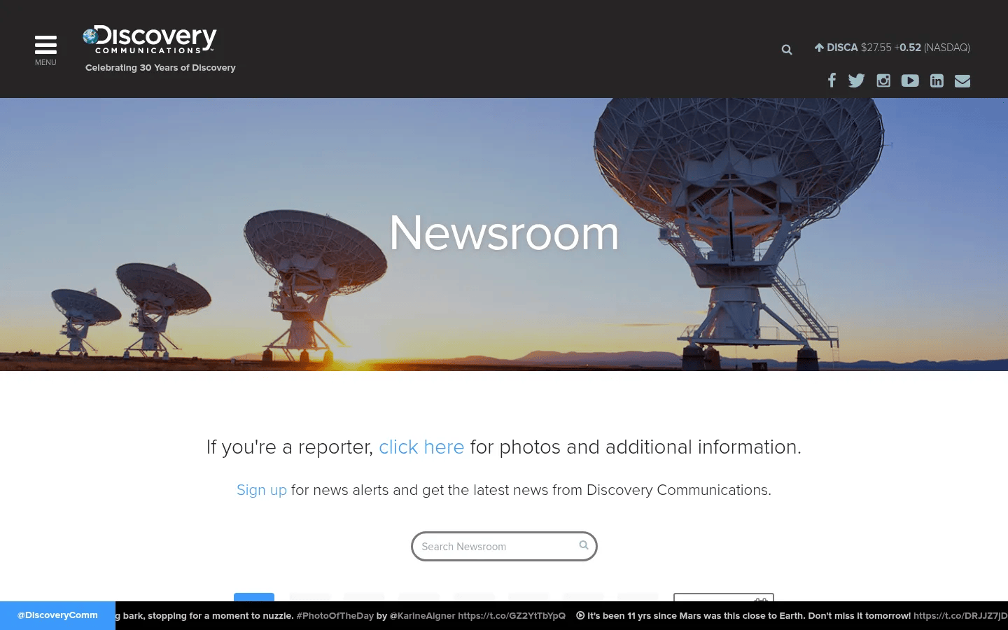 Discovery Communications desktop view of corporate.discovery.com/discovery-newsroom, May 2016
