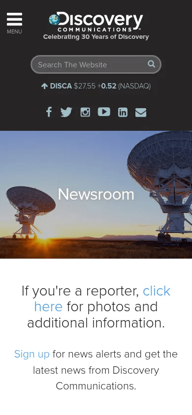 Discovery Communications mobile view of corporate.discovery.com/discovery-newsroom, May 2016
