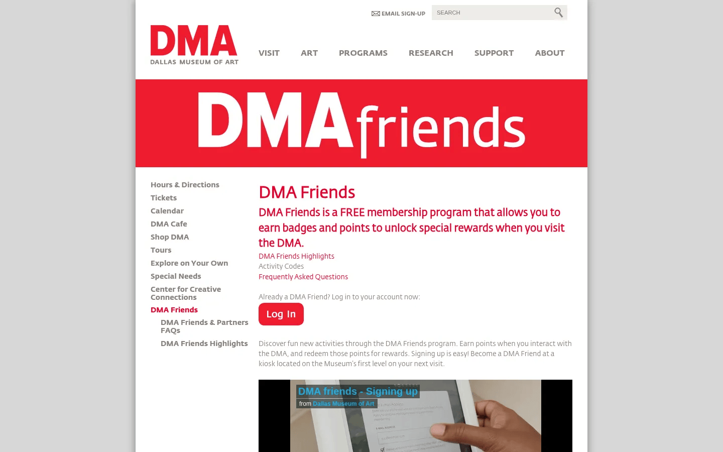 DMA Friends desktop view of dma.org/friends, December 2013