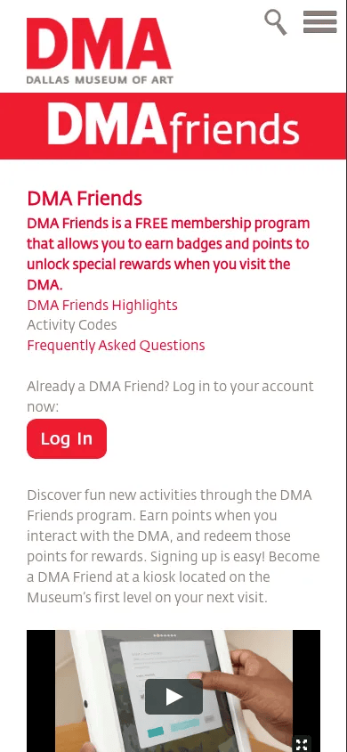 DMA Friends mobile view of dma.org/friends, December 2013
