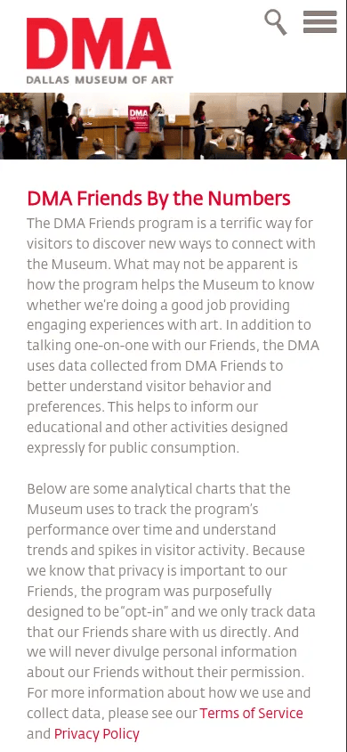 DMA Friends mobile view of dma.org/friends/by-the-numbers, February 2014