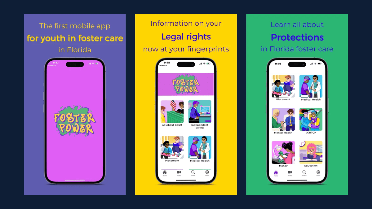 FosterPower app featured image: three iPhone screens about legal rights for youth in Florida foster care