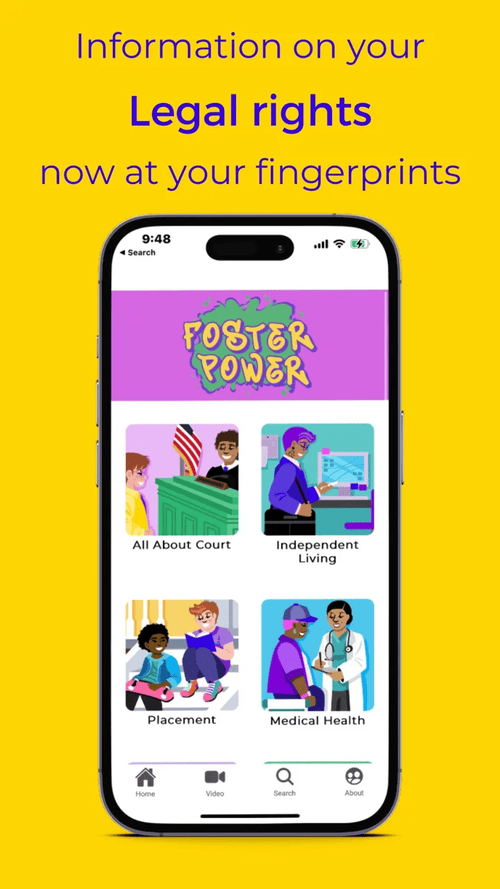 FosterPower app: The home screen turns legal topics into simple, tappable tiles