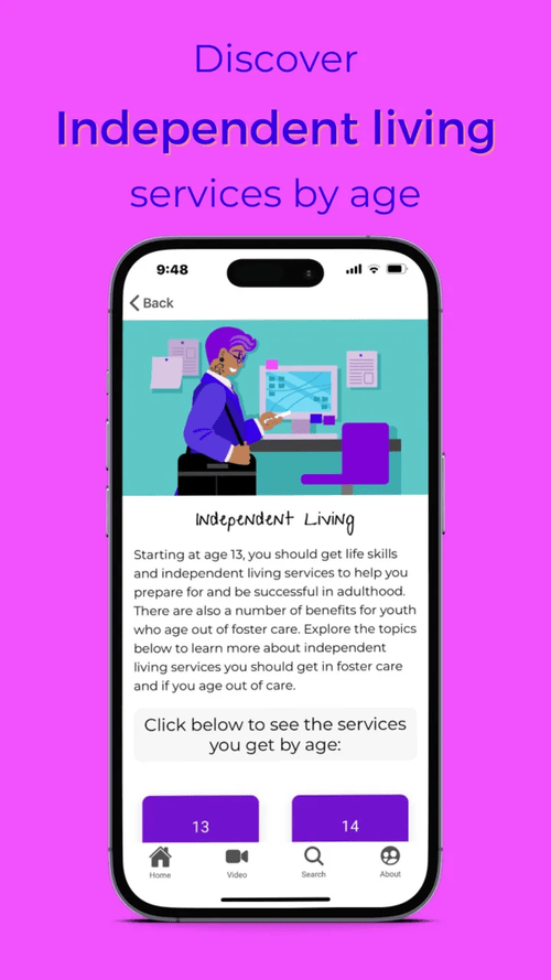 FosterPower app: Independent living services are organized by age