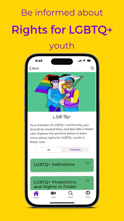 FosterPower app: A dedicated section covers protections for LGBTQ+ youth