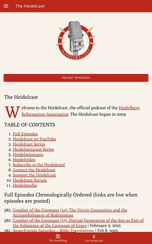 The Heidelcast page links to series, episodes and ways to connect with the show