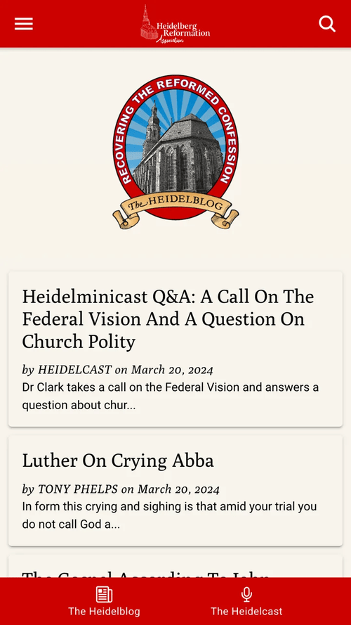The home screen leads with the Heidelberg Reformation Association seal and the newest posts