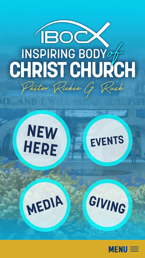 IBOC Church app: The home screen opens to New Here, Events, Media and Giving, set against the church’s famous aquarium