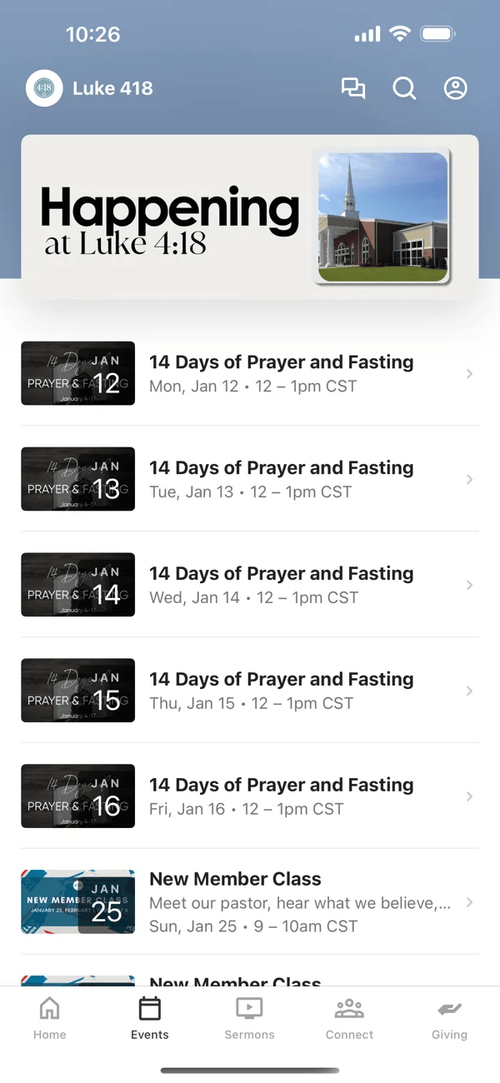 Luke 4:18 app: Events lists everything happening at the church, with dates and times