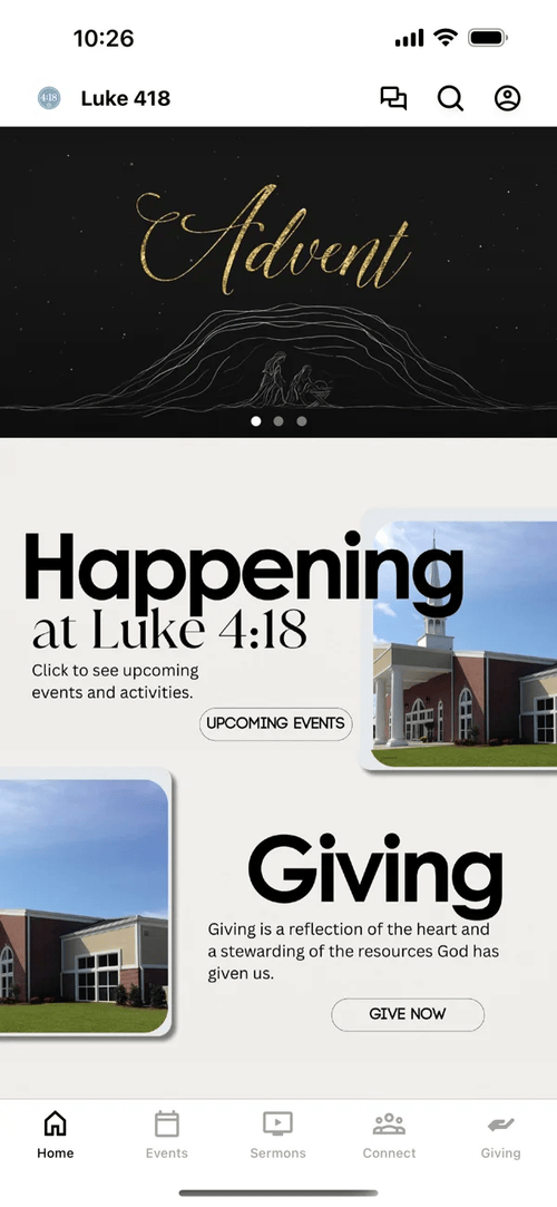 Luke 4:18 app: Home features the current sermon series along with quick links to upcoming events and giving