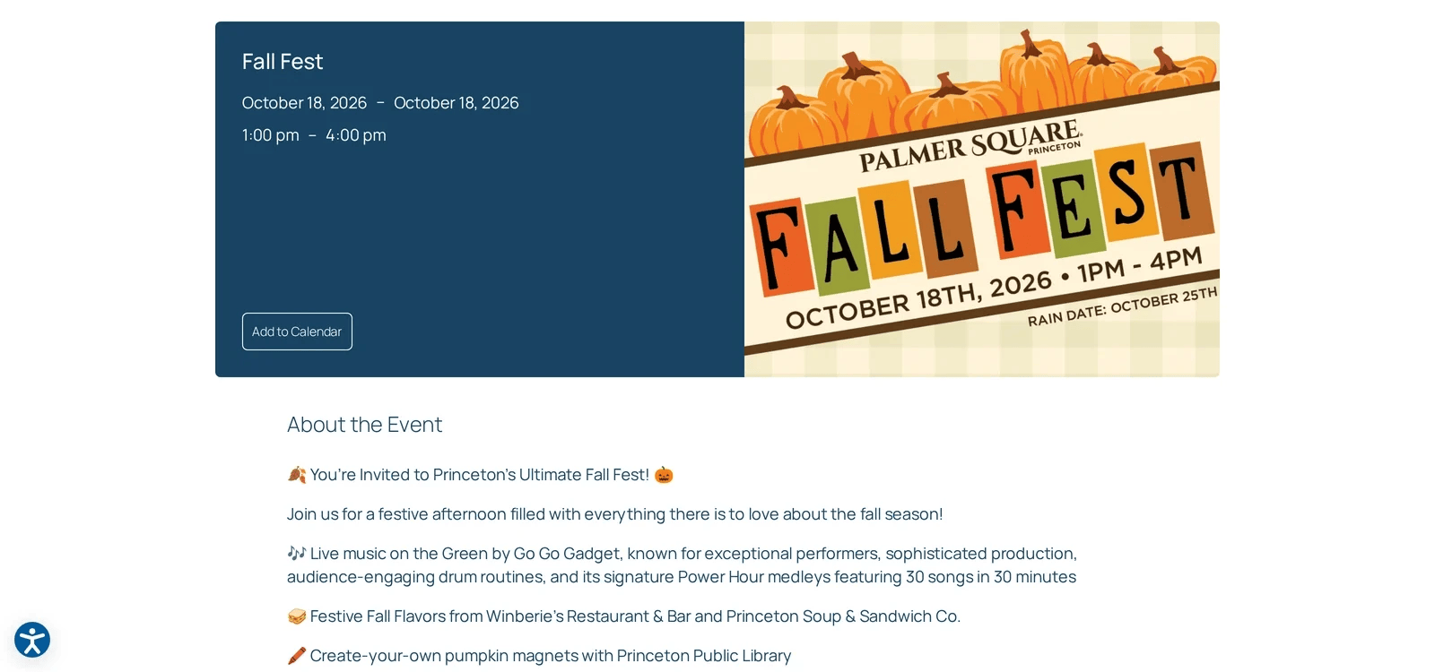 An individual event page with date, time and location details