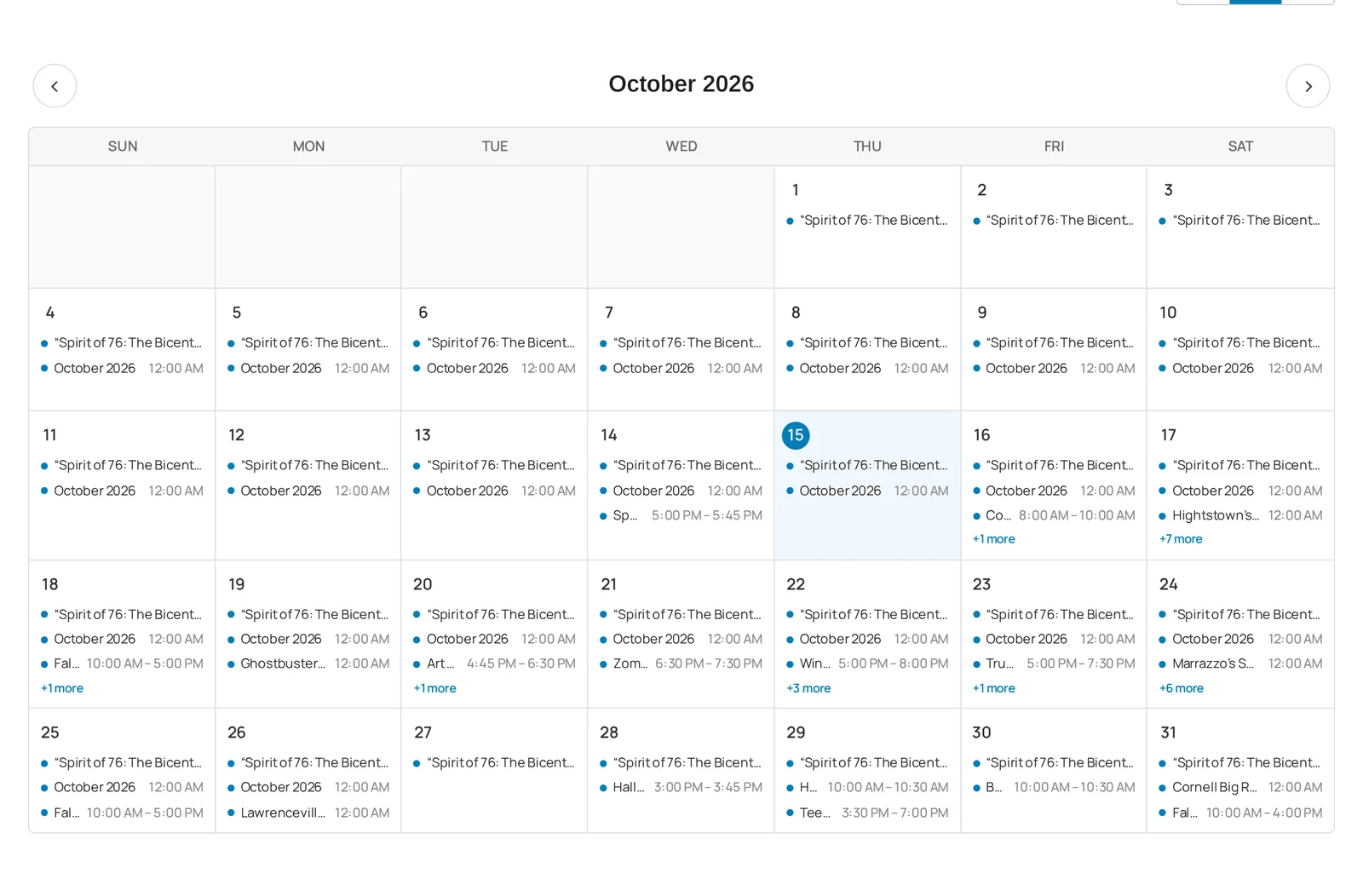 Month calendar packed with events on nearly every day