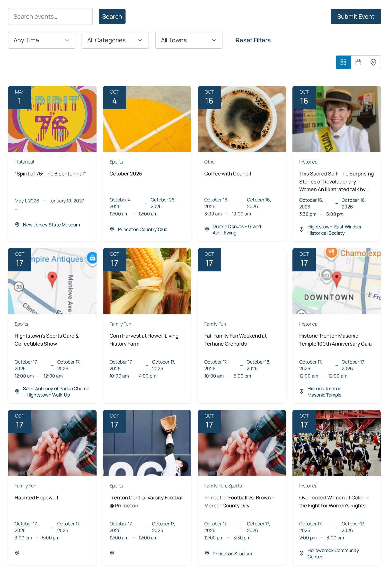 Community Events grid of photo event cards with date badges, categories and venues, plus search, date, category and town filters