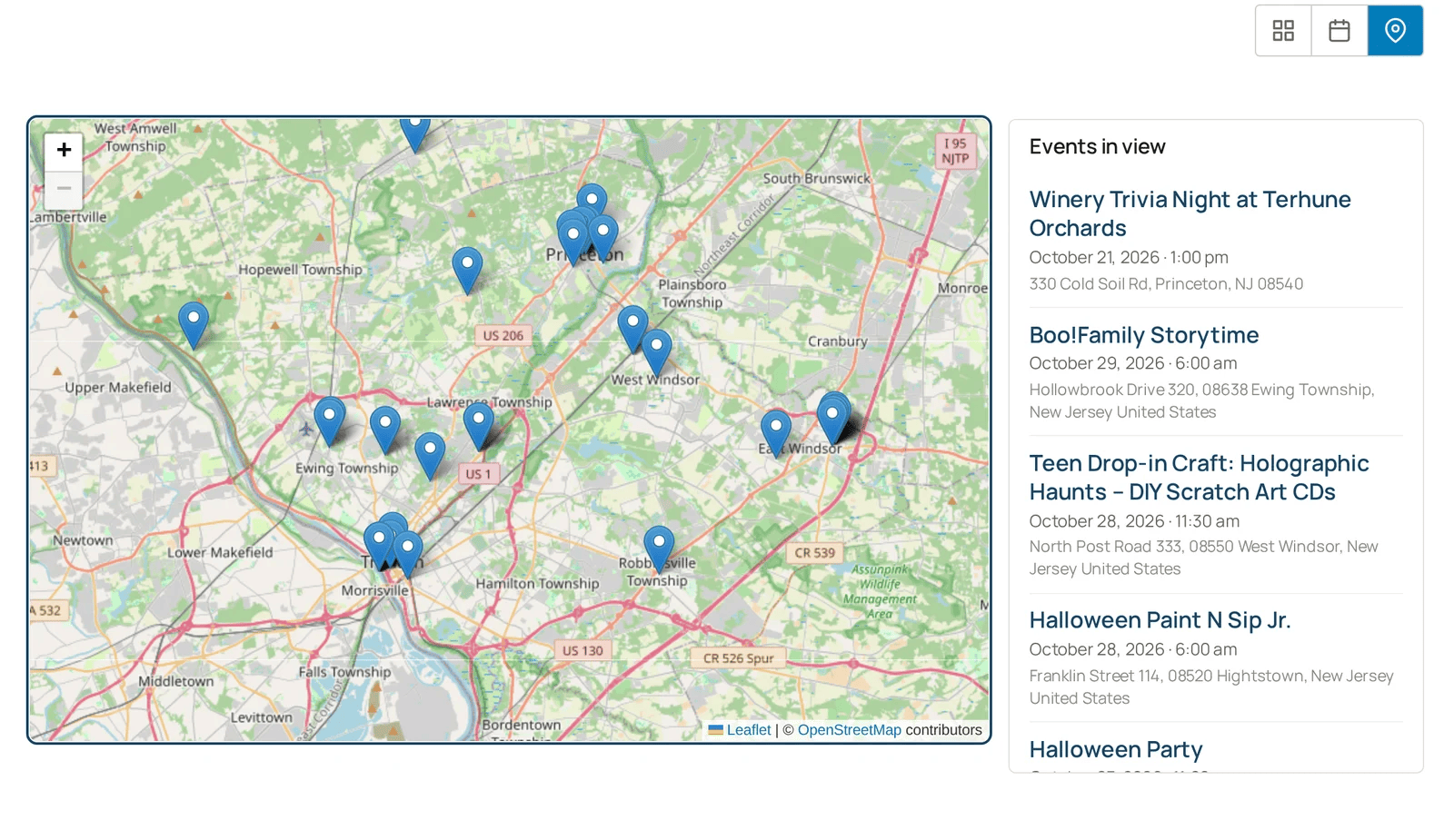 Map view of events plotted across Mercer County with an Events in view list beside the map