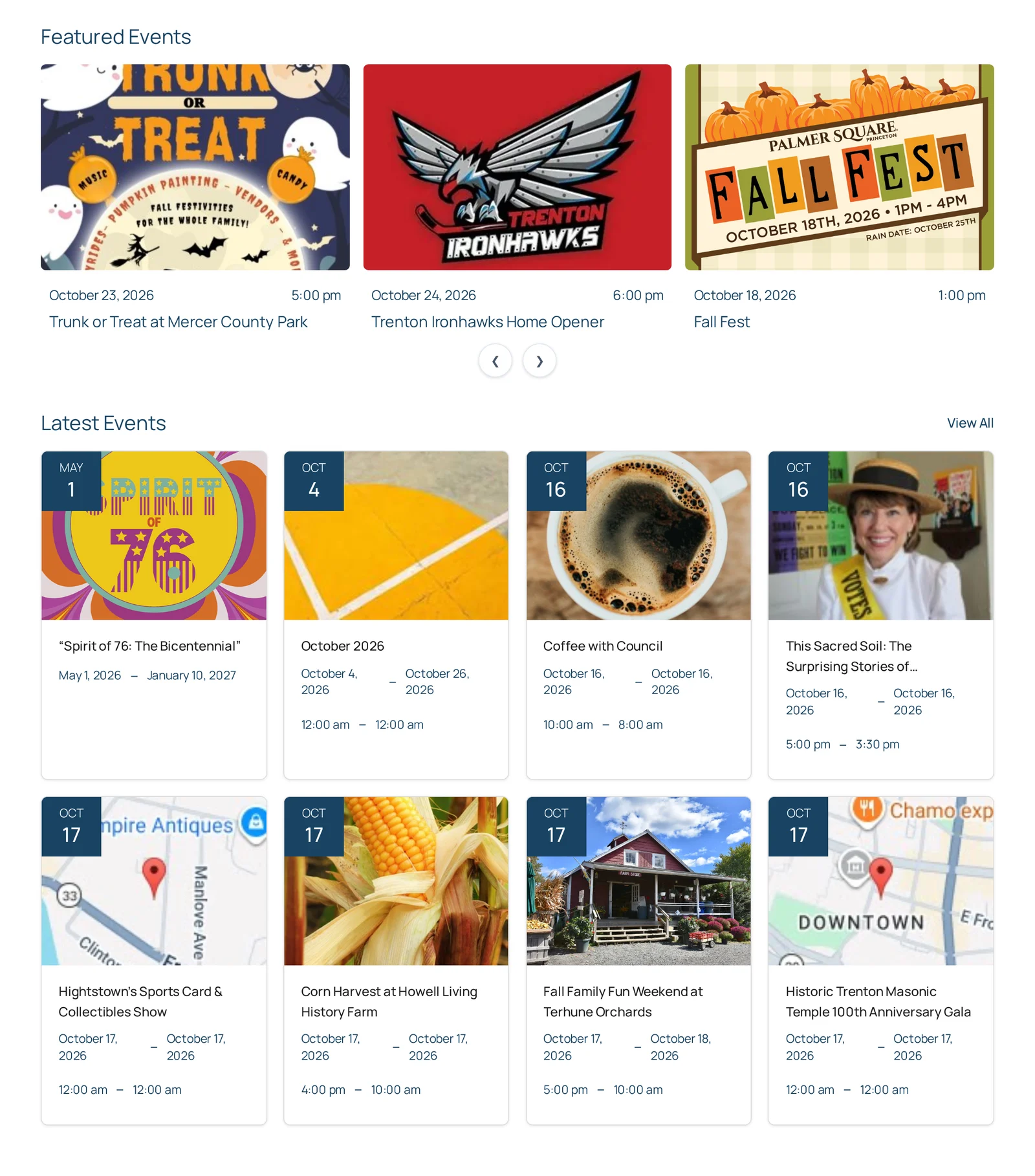 Homepage Featured Events carousel above a Latest Events grid of dated event cards