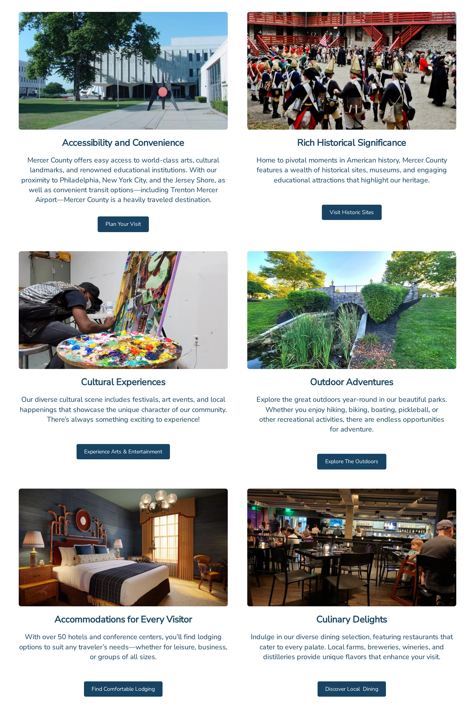 Homepage feature panels for accessibility, history, culture, the outdoors, lodging and dining, each with a photo and a call to action