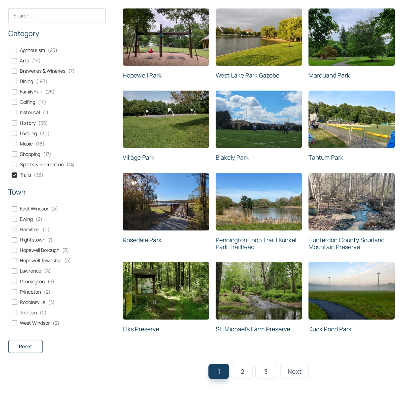 Places directory filtered to Trails, with photo cards for parks and preserves and live counts beside every facet