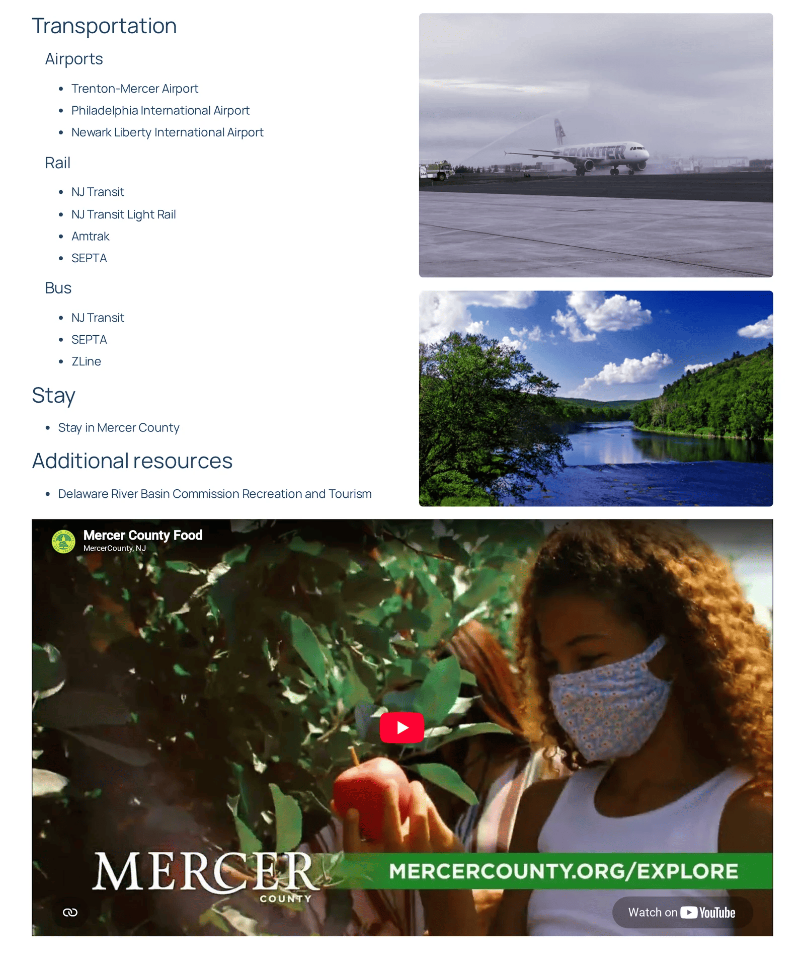 Plan Your Visit transportation guide covering airports, rail and bus, with stay links and a county video