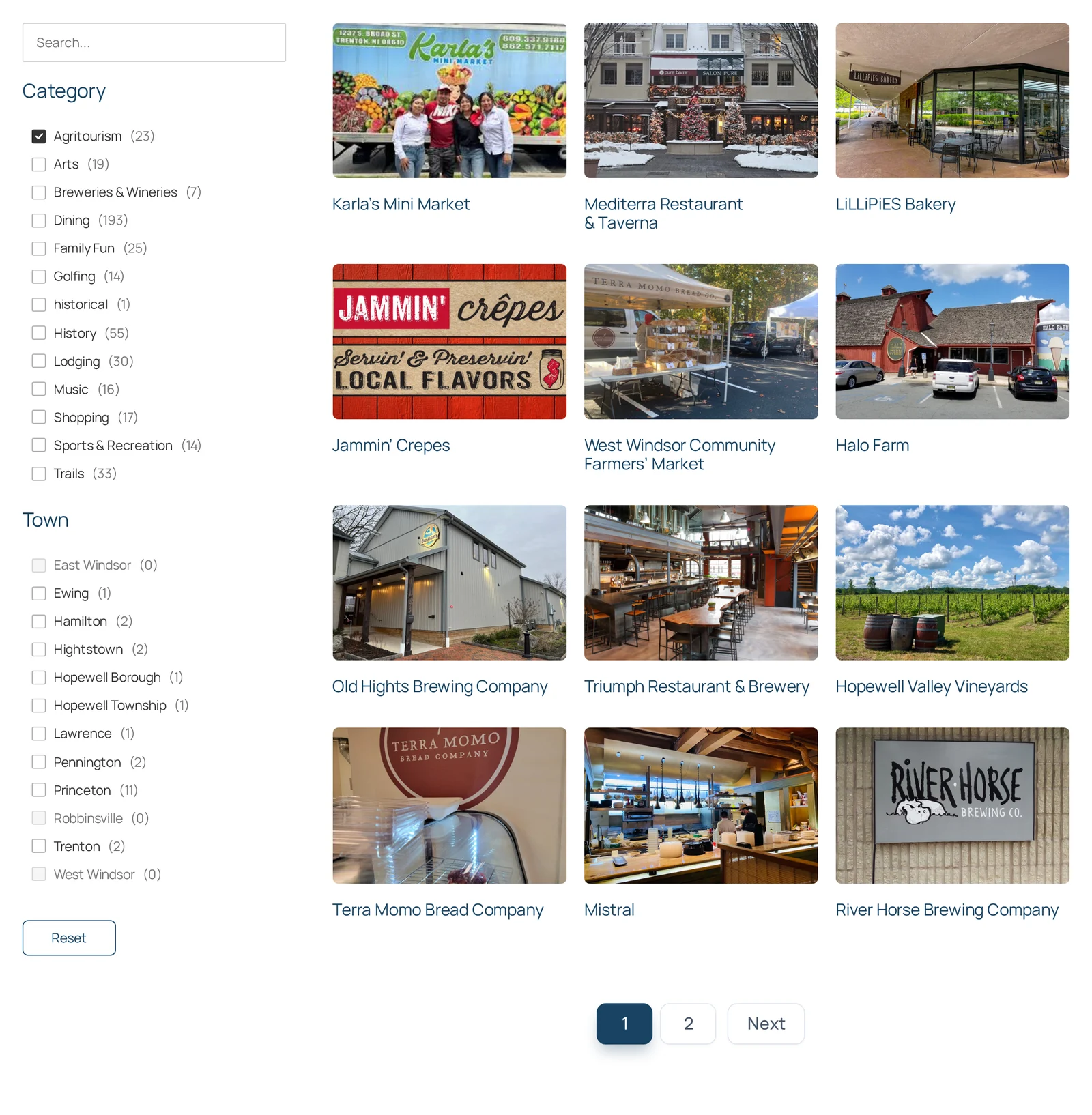 Places directory filtered to Agritourism, showing farm markets, bakeries and vineyards with live counts on every facet