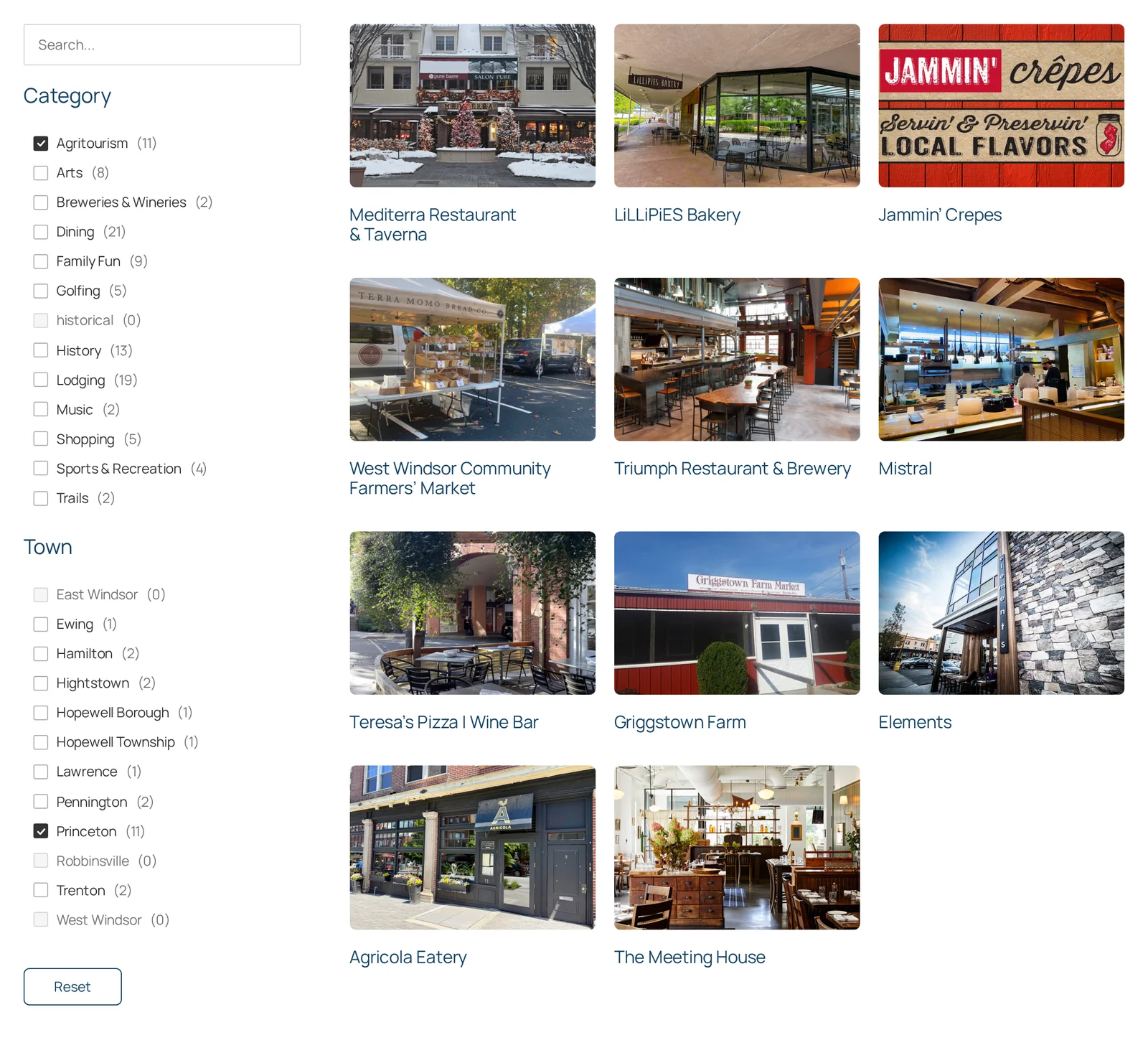 Places directory with the Agritourism category and Princeton town facets both selected