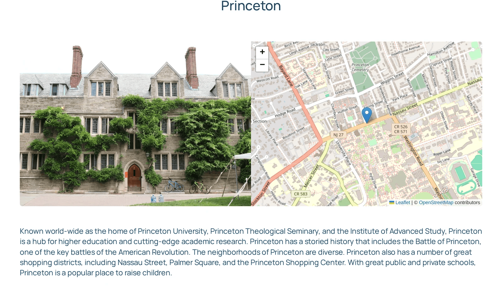 Princeton town page with a photo beside an interactive map and an introduction to the town