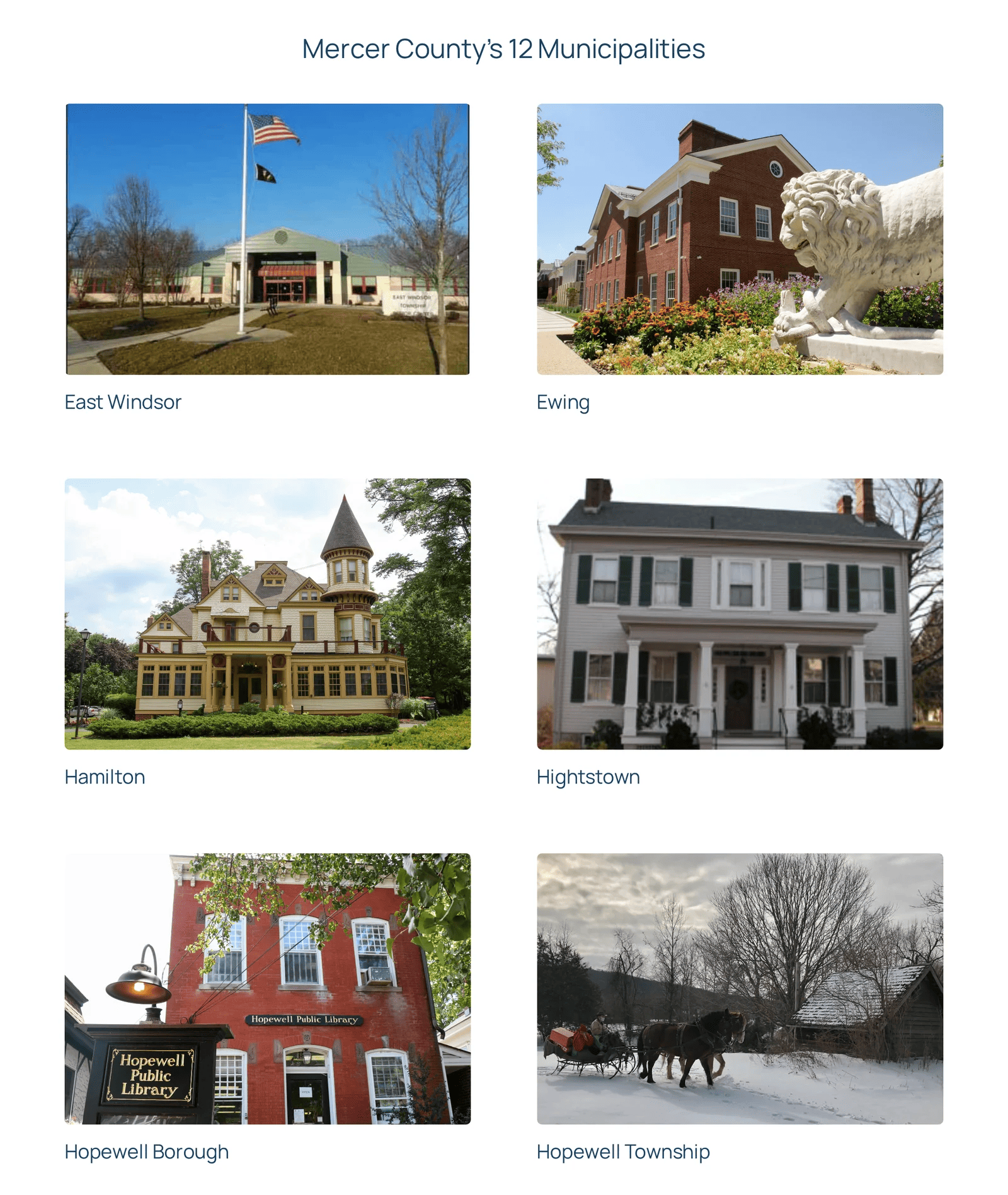 Our Towns grid of large photo cards for East Windsor, Ewing, Hamilton, Hightstown, Hopewell Borough and Hopewell Township