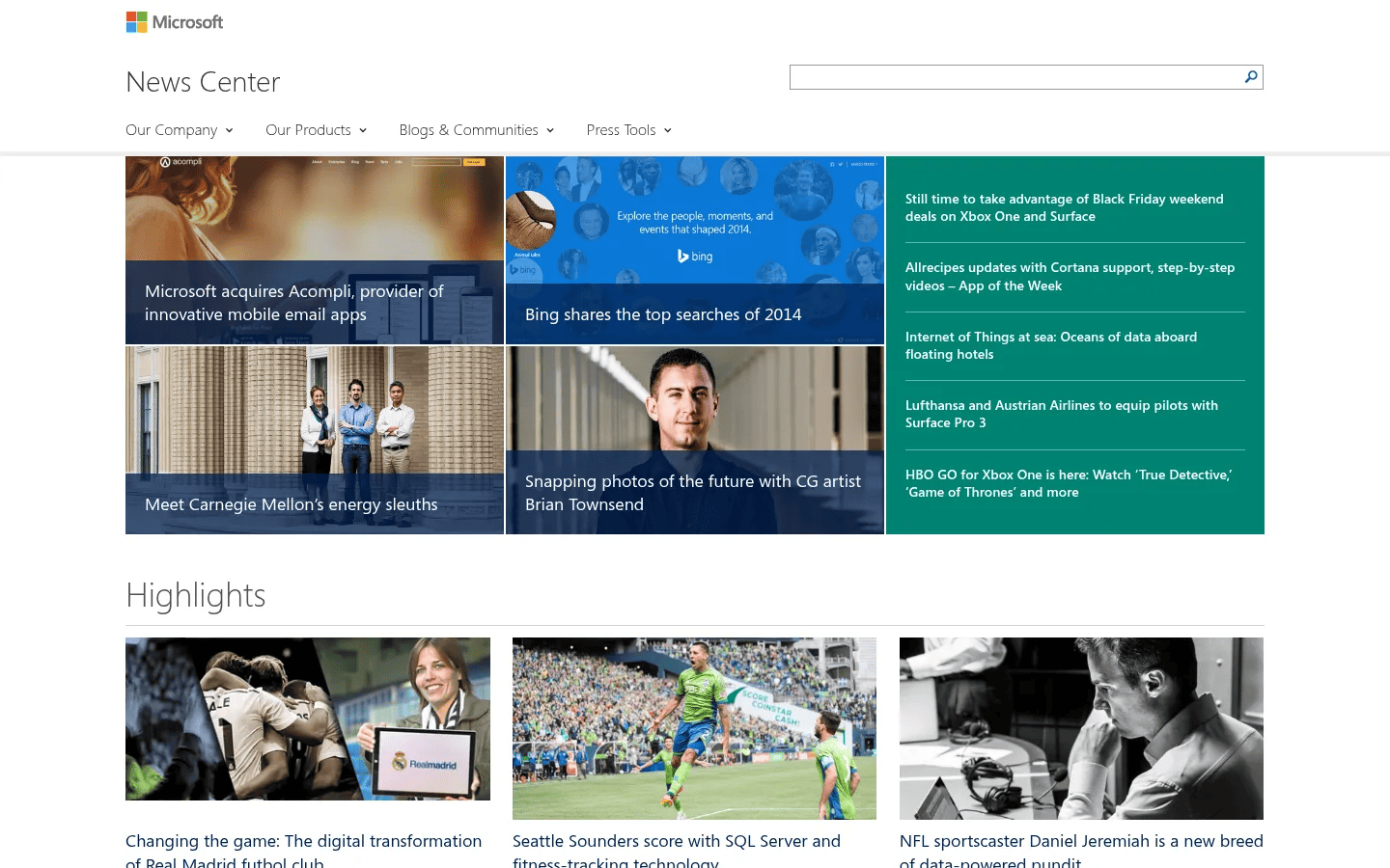 Microsoft News Center desktop view of news.microsoft.com, December 2014