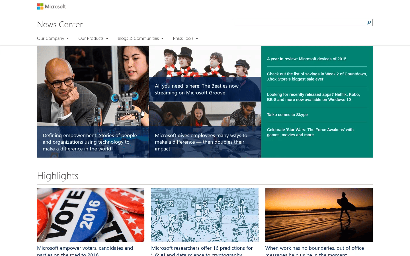 Microsoft News Center desktop view of news.microsoft.com, January 2016
