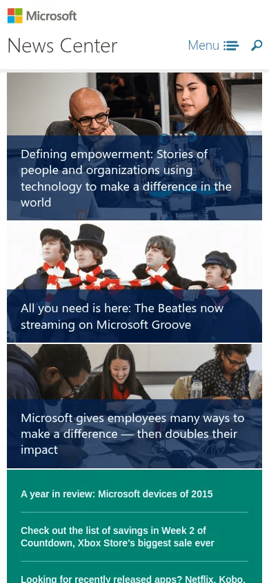 Microsoft News Center mobile view of news.microsoft.com, January 2016